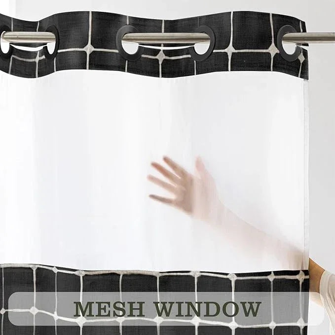 Farmhouse Shower Curtain with Snap-in Liner, No Hooks Needed Fabric Shower Curtains with Tassels for Rustic Bathroom Decor, with Window,with Magnets,Water Repellent&Machine Washable,Black,71x74Inch - ModernBath