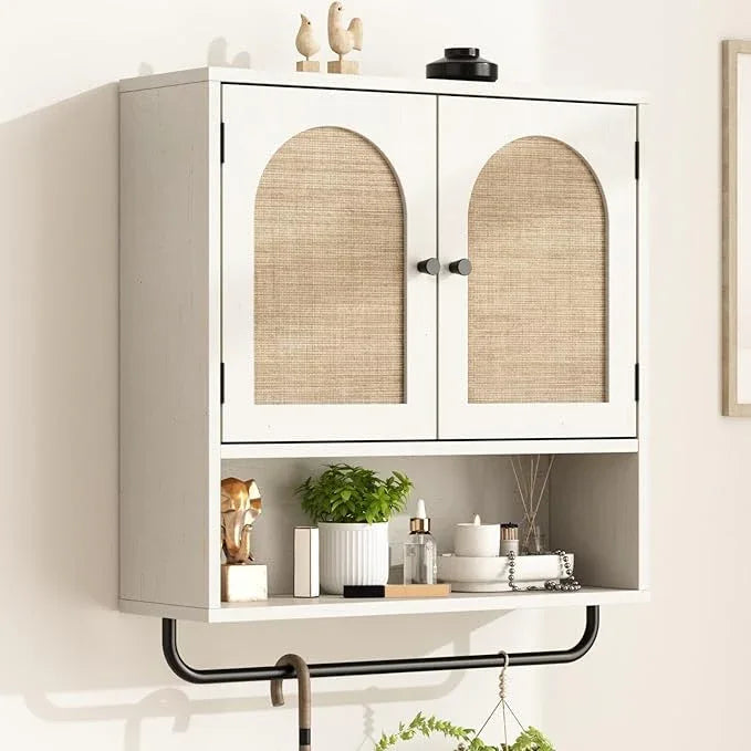 RUSTOWN Rattan Bathroom Wall Cabinet, Boho Medicine Cabinet with 2 Arched Doors, Farmhouse Over The Toilet Storage Cabinets with Adjustable Shelves & Towel Bar, 3-Tier Wall Mounted Cabinets - ModernBath