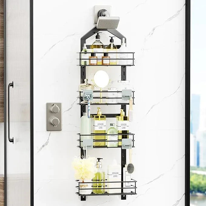Orimade Adjustable Anti-slip Hanging Shower Caddy over Shower Head,Rustproof Bathroom Hanging shower Organizer with 4 Hooks for Razor,No Drilling Shower shelves Storage Rack,Black 4 Tier - ModernBath