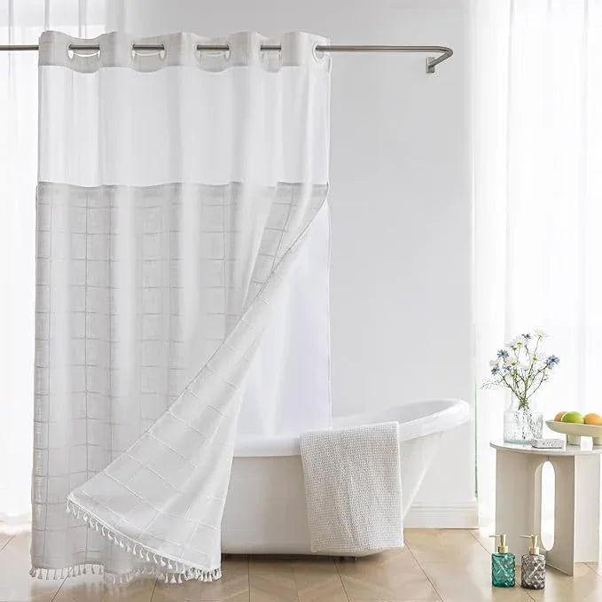Farmhouse Shower Curtain with Snap-in Liner, No Hooks Needed ,Fabric Shower Curtains with Tassels for Rustic Bathroom Decor,with Window,with Magnets,Water Repellent&Machine Washable,White,71x80Inch - ModernBath