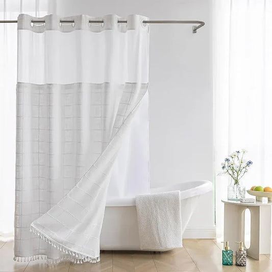 Farmhouse Shower Curtain with Snap-in Liner, No Hooks Needed ,Fabric Shower Curtains with Tassels for Rustic Bathroom Decor,with Window,with Magnets,Water Repellent&Machine Washable,White,71x74Inch - ModernBath