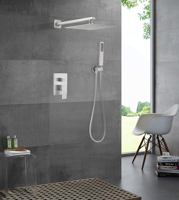 JingGang Brushed Nickel Shower System 10 Inch Bathroom Luxury Rain Mixer Shower Combo Set Wall Mounted Rainfall Shower Head and Handheld System Shower Faucet Rough-in Valve Body and Trim Kit - ModernBath
