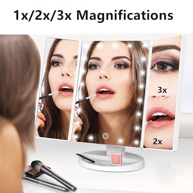 Infitrans Trifold Makeup Mirror Vanity Mirror with Lights,1X 2X 3X Magnification,Touch Control,Adjustable Rotation,Dual Power Supply,Portable Travel Cosmetic Mirror,Birthday Gifts for Women,Teengirls - ModernBath