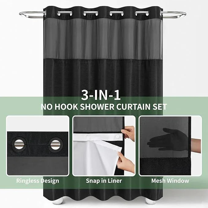 eachope Stall No Hook Shower Curtain with Snap-in Fabric Liner Set,Waffle Weave Shower Curtains for Bathroom,Hotel Luxury Decor Bathroom Curtain Set,Waterproof & Washable,Black,54Wx80H - ModernBath