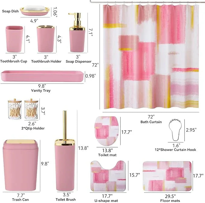 XLHOMO Bathroom Accessories Set - 25PC Bathroom Set with Shower Curtain and Rugs, Pink Bathroom Set, Bathroom Accessory Set with Press-on Lid Trash Can, Soap Dispenser and Qtip Holders - ModernBath