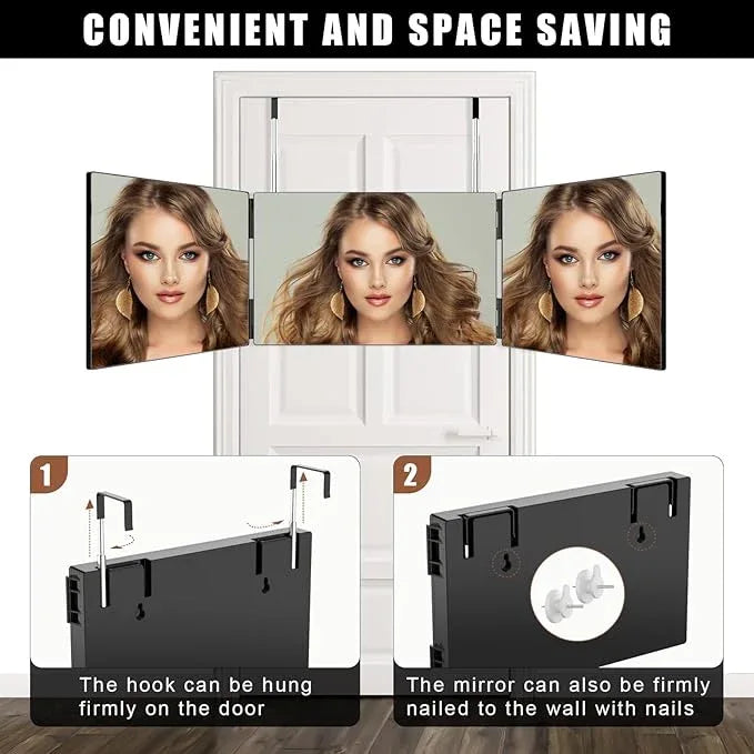 OLIBUY 3 Way Mirror for Hair Cutting, Three Way Mirror for Shaver and Makeup, Height Adjustable with Two Hold Nails, 360 Viewing Angle, Clear Anti-Fog HD Glass - ModernBath
