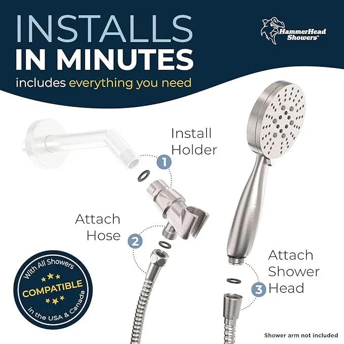 HammerHead Showers® Solid Metal 3-Spray Handheld Shower Head with Long Hose and Holder - BRUSHED NICKEL - 2.5 GPM High Pressure Shower Head with Handheld Sprayer - WIDE, MASSAGE, and MIST Sprays - ModernBath