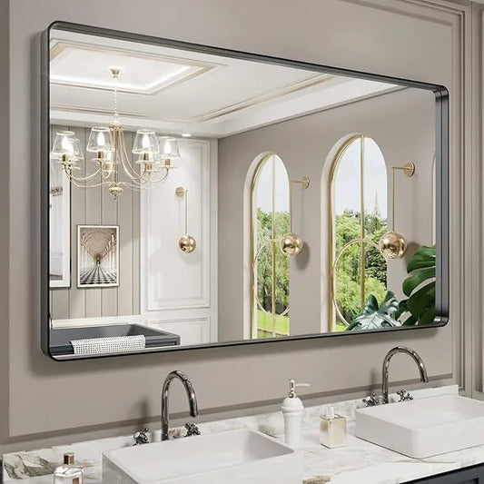 LOAAO Black Metal Framed Bathroom Mirror for Wall, Large 60X36 Inch Rounded Rectangle Mirror, Matte Black Bathroom Vanity Mirror Farmhouse, Anti-Rust, Tempered Glass, Hangs Horizontally or Vertically - ModernBath