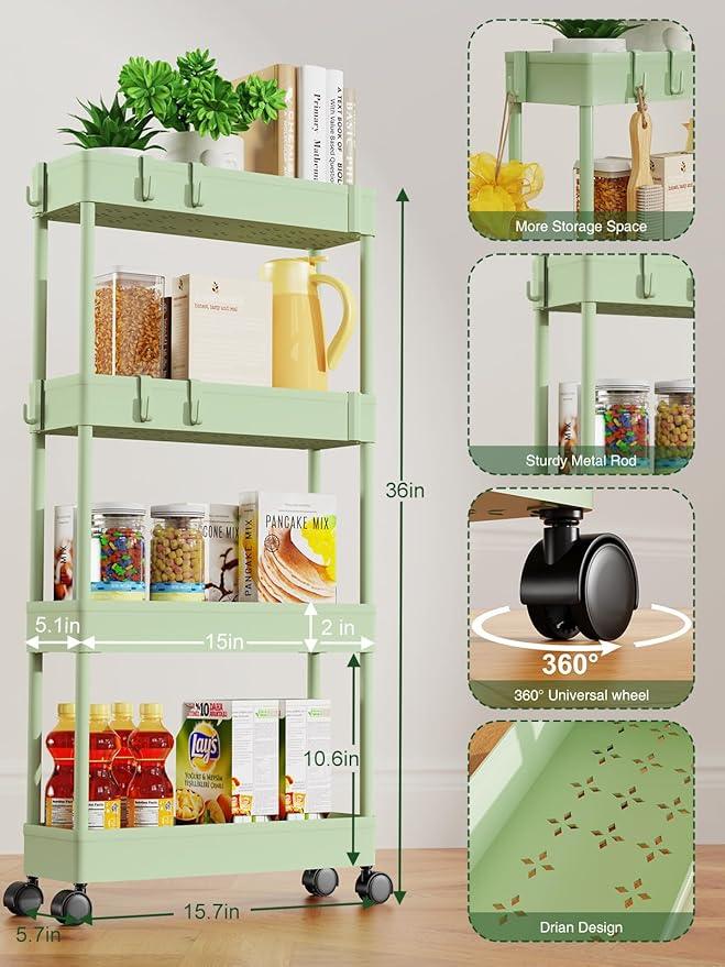 LEHOM 5.1" Slim Storage Cart - 4 Tiers Bathroom Organizer Mobile Shelving Unit Storage Rolling Utility Cart Slide Out Organizer for Kitchen Bathroom Laundry Narrow Places, Green - ModernBath