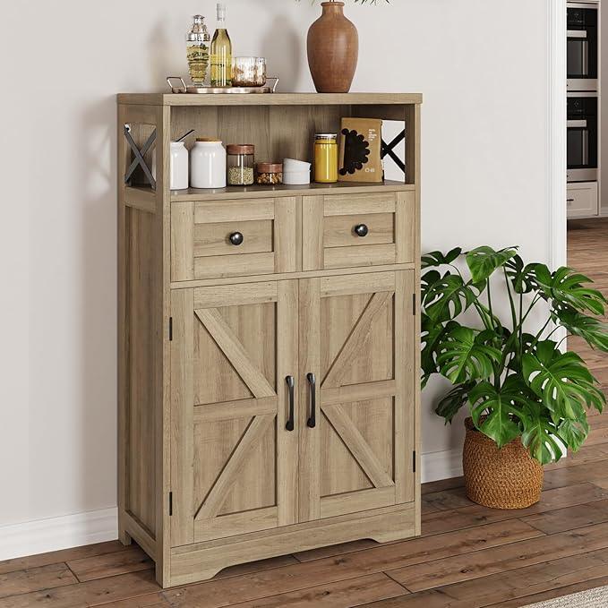 Natural Storage Cabinet with Doors and Shelves, Standing Kitchen Pantry Cabinet, Floor Storage Hutch Cupboard, Coffee Bar Station for Dining, Living Room, Home Office - ModernBath