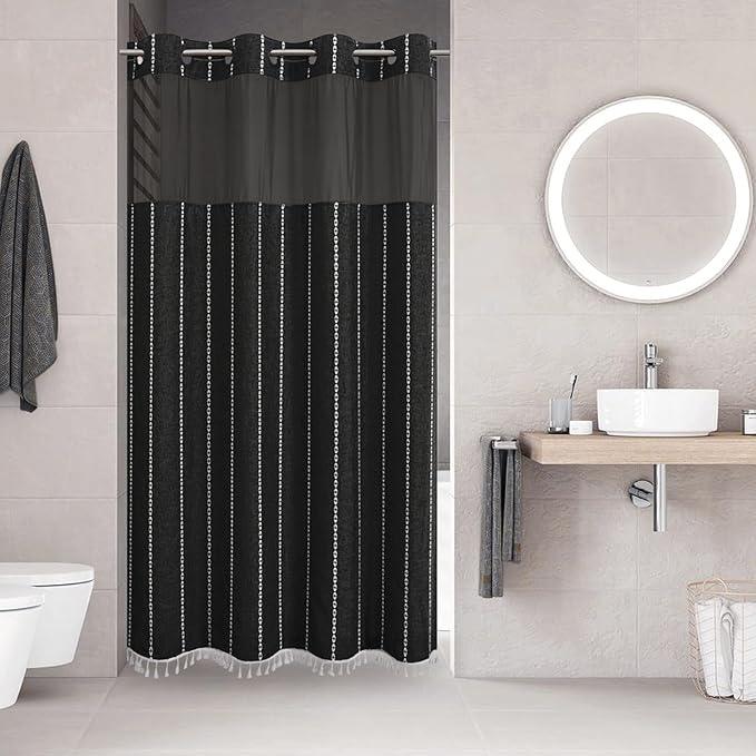 eachope No Hook Stall Shower Curtain with Snap-in Fabric Liner - 54x80 Heavy-Duty Linen Textured Striped Design,Narrow Rustic Modern Farmhouse Bohemian Bathroom Curtain,Water-Repellent,Black - ModernBath