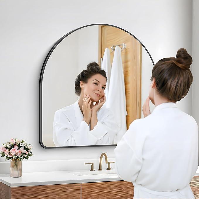 FORBATH Arched Bathroom Mirror 30x30 Inch, Bathroom Mirror Wall Mounted Modern Black Aluminum Frame Decor Dresser Mirror for Bedroom Living Room Entryway, Hanging or Leaning Against Wall - ModernBath
