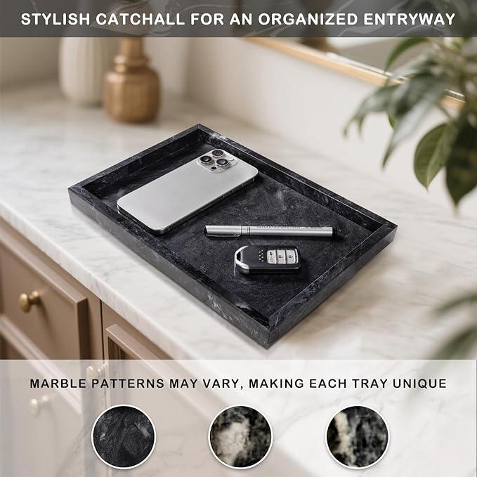 Homaura Marble Bathroom Tray for Countertop & Home Decor, Natural Decorative Marble Tray for Jewelry & Perfume Organizer, Luxury Stone Vanity Trays for Dresser, Kitchen Counter, 12" x 8", Gray Black - ModernBath