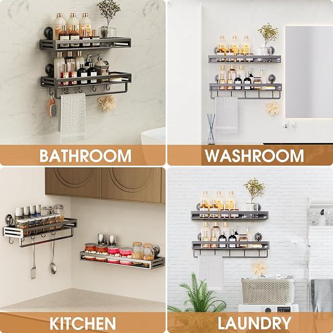 CIBOTIES Shower Caddy Suction Cup, 15.8 inch 2 Pack Suction Shower Shelf with Hooks NO-Drilling Bathroom Holder, Rustproof Bathroom Organizer, Includes 2 Extra Suction Cups, Dark Grey - ModernBath