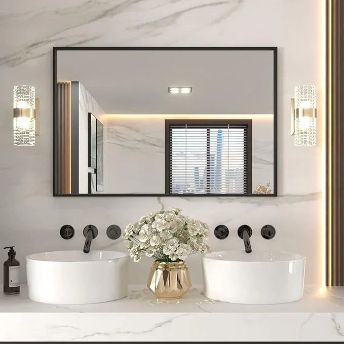 LOAAO 48"X32" Black Rectangle Bathroom Mirror Wall, Matte Black Aluminum Alloy Frame, Tempered Glass, Hangs Vertically or Horizontally, Easy to Install - ModernBath