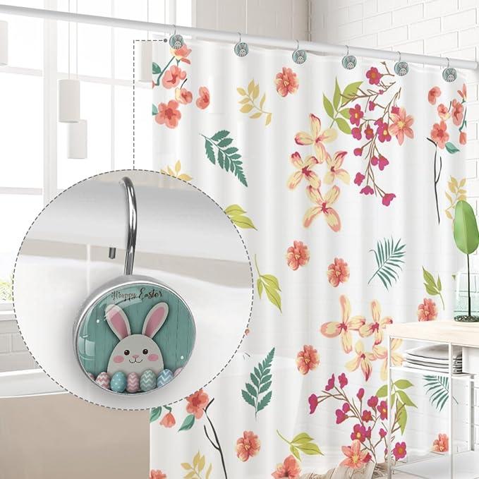 Rural Teal and Easter Bunny Crystal Glass Shower Curtain Hooks for Bathroom Shower Rod, 12Pcs Round Home Decorative Shower Curtain Rings, Bathroom Bedroom Living Room Accessories - ModernBath