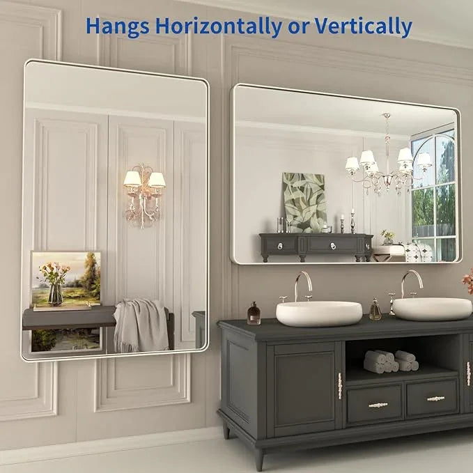 WEER 48X30 Inch Brushed Nickel Bathroom Mirror, Brushed Silver Metal Frame Mirror, Rounded Rectangle Silver Bathroom Vanity Mirror, Tempered Glass, Anti-Rust, Hangs Horizontally or Vertically - ModernBath