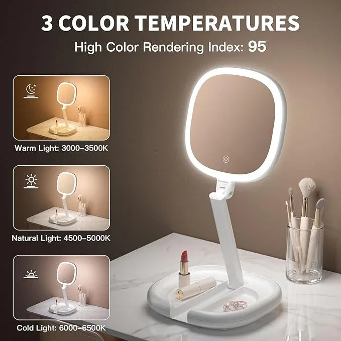 Beautifive 6.3” Makeup Mirror with Light and Magnification, 10X/1X Light Up Makeup Mirror Lighted Make Up Mirror with Adjustable Height Double Sides Folding Magnifying Mirror with Light - ModernBath