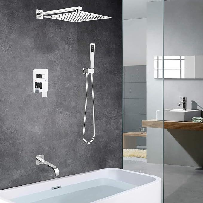 Heable Chrome Shower System Bathroom Shower Faucet Set with Tub Spout Wall Mounted 12 Inch Shower Head and Handle Set with Handheld 3 Function Tub and Shower Trim Kit with Rough-in Valve - ModernBath