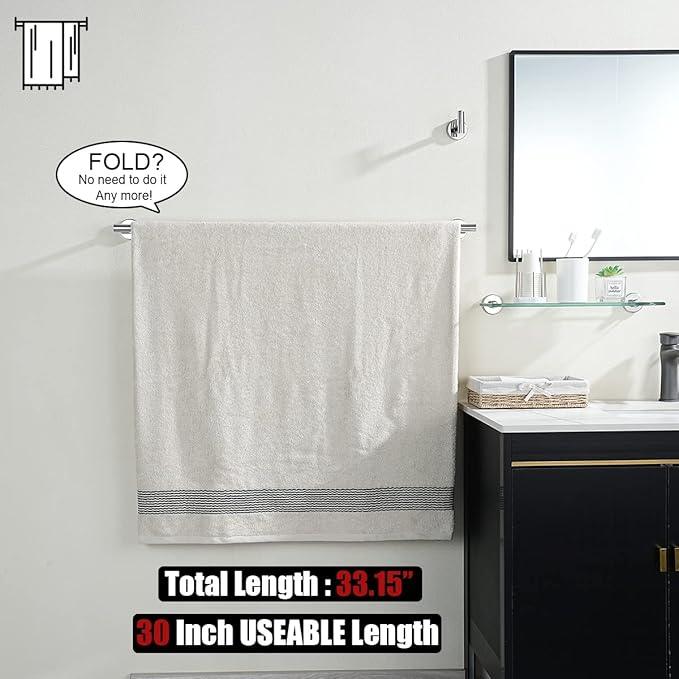 JQK Chrome Bath Towel Bar, 33 Inch 304 Stainless Steel Thicken 0.8mm Towel Rack Bathroom, Towel Holder Polished Finished Wall Mount, Useable Length 30 Inch 2 Pack, TB110L30-CH-P2 - ModernBath