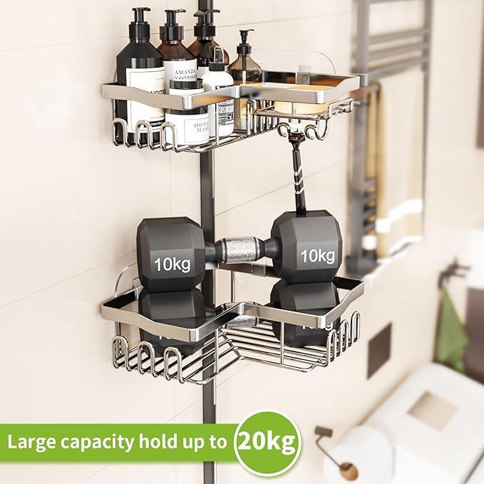 SWTYMIKI Shower Caddy Corner with Soap Holder, 2-Tier Stainless Steel Corner Shower Organizer with 11 Hooks, No Drilling & 6 Strong Adhesives Bathroom Shelf Organizer, Silver - 2 Tier - ModernBath