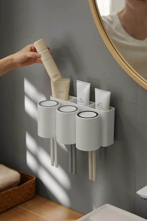 FLAUVEL Wall-Mounted Toothbrush and Toothpaste Holder - Self-Draining Design, Easy Installation, Space-Saving, White (Triple - Three Normal Cups) - ModernBath
