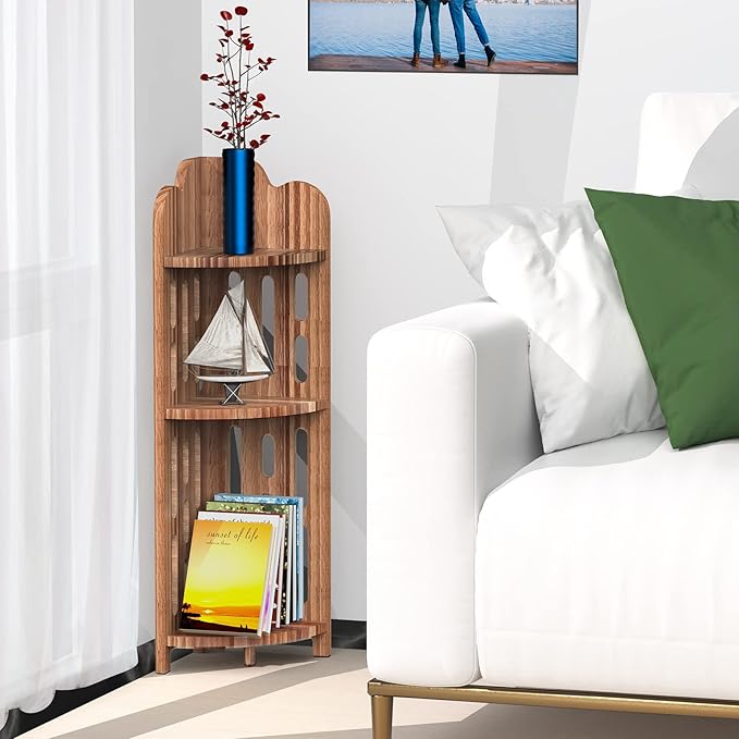 Meangood Bathroom Corner Shelf Stand, 3 Tier Pine Wood Display Shelf for Narrow Space, Shower Corner Shelf, Plant Stand Nightstand, for Living Room, Bedroom, Home Office, Elegant
