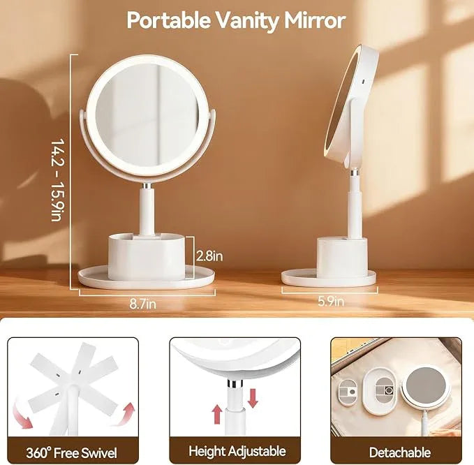 Shinowa Makeup Mirror with Lights, 1X/20X Lighted Magnifying Mirror with Storage for Makeup & Jewelry, 2-Sided Height Adjustable Vanity Mirror with 3 Color Lights, 360° Rotation & Rechargeable, White - ModernBath