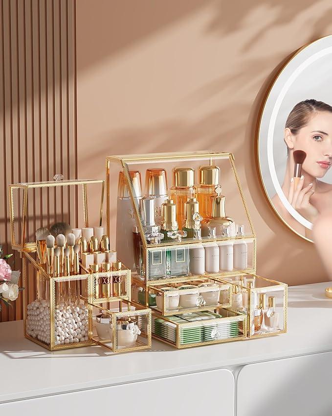 CoralHouse Clear Makeup Organizer with Gold Frame – Countertop Vanity Organizer for Skincare, Lipsticks, Perfume & Brushes – Bathroom Cosmetic Storage Display Box - ModernBath