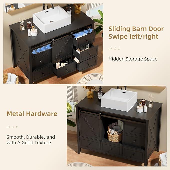 VNN Bathroom Vanity with Sink - 48 Inch Bathroom Vanity with Sink Ceramic, Freestanding Cabinet with Farmhouse Sliding Barn Door and 7 Drawers, Space-Saving Storage Cabinet, Wood Grain Texture, Black - ModernBath