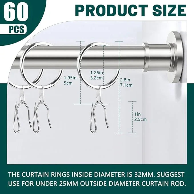 Dpyrrhic Silver 60Pcs Metal Curtain Rings and 60 Pcs Curtain Drapery Pin Hooks,Curtain Hooks for Drapes,32mm Internal Diameter for Window, Shower Curtain - ModernBath
