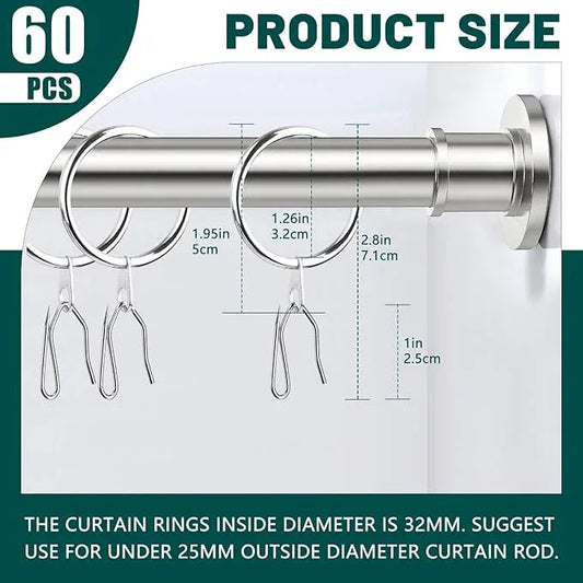Dpyrrhic Silver 60Pcs Metal Curtain Rings and 60 Pcs Curtain Drapery Pin Hooks,Curtain Hooks for Drapes,32mm Internal Diameter for Window, Shower Curtain - ModernBath