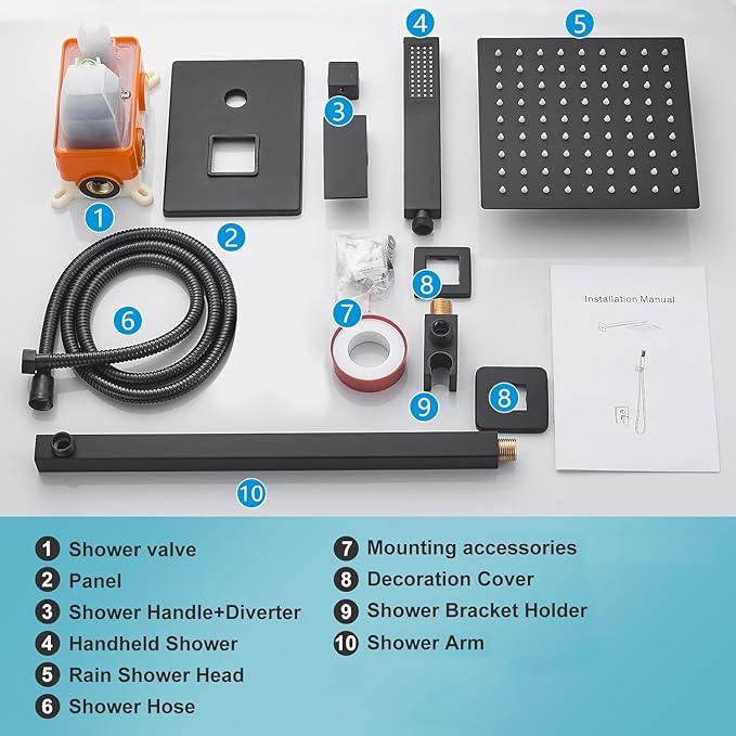 RTTWYYUU Matte Black Shower Head and Handle Set 8 Inch, Rain Shower Head with 2 Hooks, Luxury Rain Shower Set Square Wall Mount for Bathroom with Rain Shower and Handheld Shower System - ModernBath
