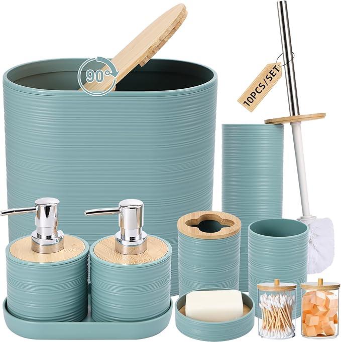XLHOMO Blue Bathroom Set, Light Blue Bathroom Accessories Set with Trash Can, 2PCS Soap Dispensers, Soap Dish, Toothbrush Holder, Toothbrush Cup,Toilet Brush, Tray and Qtip Holders for Bathroom Decor - ModernBath