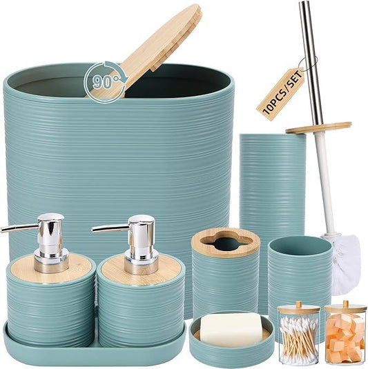 XLHOMO Blue Bathroom Set, Light Blue Bathroom Accessories Set with Trash Can, 2PCS Soap Dispensers, Soap Dish, Toothbrush Holder, Toothbrush Cup,Toilet Brush, Tray and Qtip Holders for Bathroom Decor - ModernBath