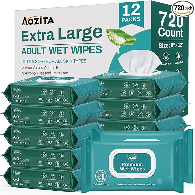 720 Count (12 Packs of 60) Wipes for Adults, 8" x 12" Extra Large Wet Wipes for Incontinence & Cleansing, Disposable Body Shower & Bath Wipes for Elderly Bathing No-Rinse - Vitamin E & Aloe - ModernBath