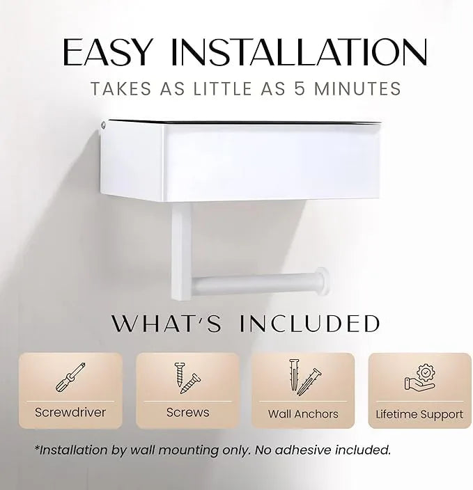 Day Moon™ White Toilet Paper Holder with Shelf - Wipe Holder for Bathroom, Flushable Wipes Dispenser, Toilet Paper and Wipes Holder - ModernBath
