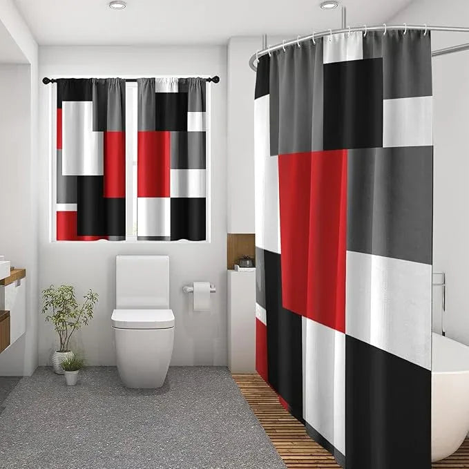 Culudea Geometric Red White Shower Curtain Set, Black and Gray Modern Bathroom Window Waterproof Shower Curtain Set for Bathroom Decor - ModernBath