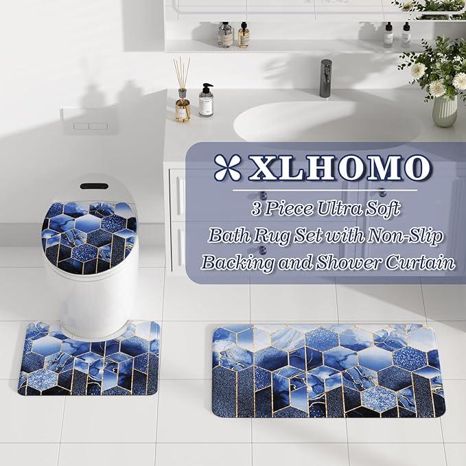 XLHOMO Bathroom Sets with Shower Curtain and Rugs - 4PC Navy Blue Geometric Shower Curtain Set with 12 Hooks, Toilet Cover, U-Shaped Mat and Rugs Modern Abstract Bathroom Accessories for Bathroom - ModernBath