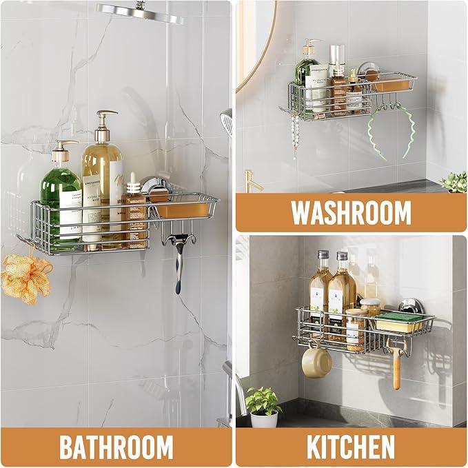 LEVERLOC Shower Caddy Suction Cup, Organizer with Hooks & Soap holder for Inside Shower, Removable Bathroom Shelf - ModernBath