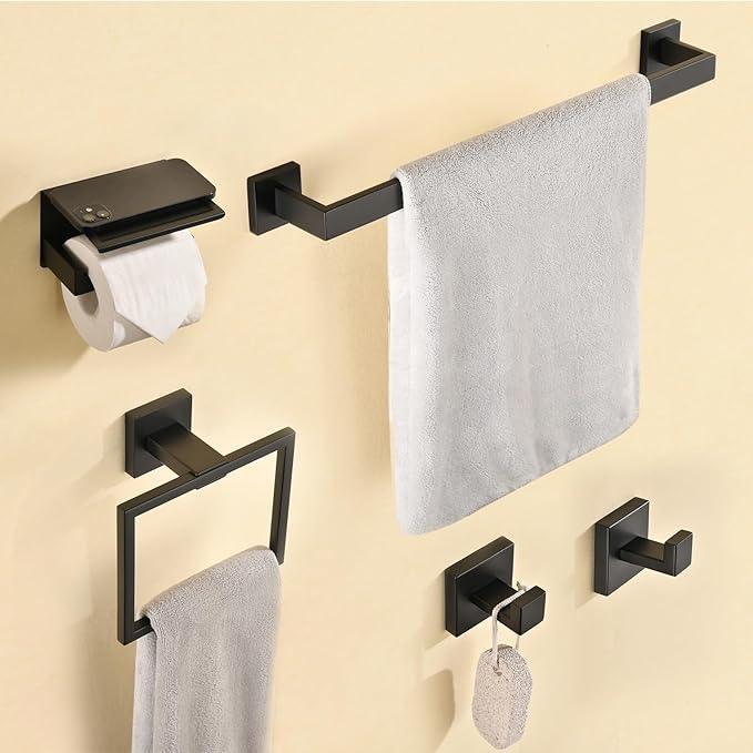 Towel Racks for Bathroom Black,5-Piece 16" Towel Bar Bathroom Hardware Accessories Wall Mounted Include Hand Towel Rod,Toilet Paper Holder with Shelf,Towel Holder,Robe Hook Matte - ModernBath