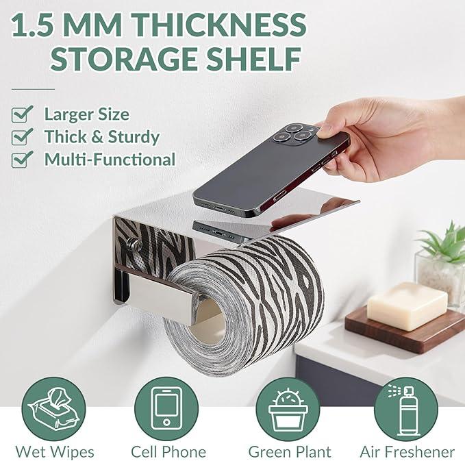 Toilet Paper Holder with Phone Shelf Polished Chrome, APLusee Bathroom Accessories 304 Stainless Steel Tissue Roll Dispenser Storage Wall Mounted - ModernBath