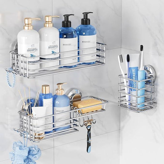 TAILI Shower Caddy Suction Cup, 3 Pack Shelves for Inside with Hooks & Soap Holder Toothbrush Cups, Removable Bathroom Organizer, Rustproof Silver Storage-Silver - ModernBath