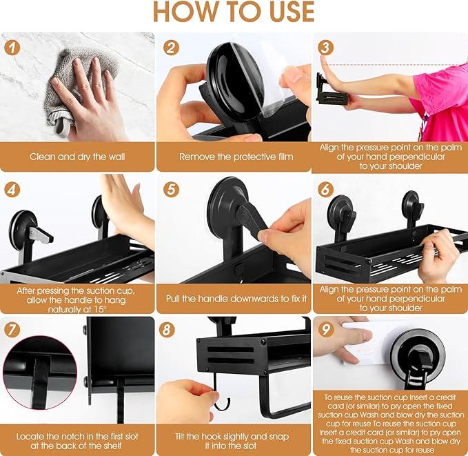 CIBOTIES Shower Caddy Suction Cup, 15.8 inch Suction Shower Shelf with Hooks NO-Drilling Bathroom Holder, Rustproof Bathroom Organizer, Black - ModernBath