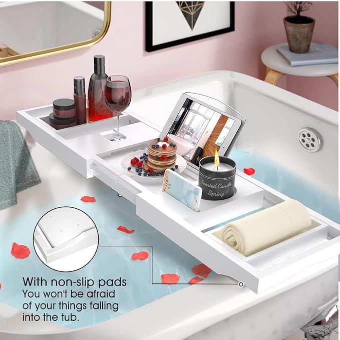 Artmalle Bathtub Caddy Tray - Expandable and Foldable Bath Tray for Tub, Luxury Bamboo Bath Caddy Tub Table, Bathtub Accessories with Book Holder and Free Soap Dish, White - ModernBath