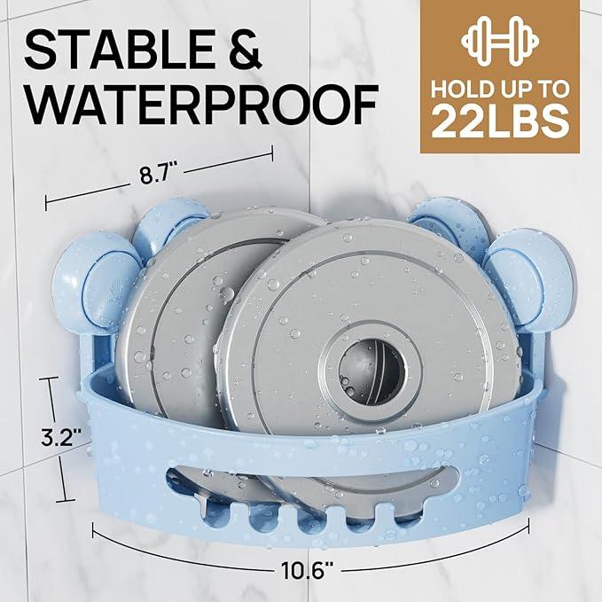 LEVERLOC Powerful Suction Bathroom Shower Shelf, Waterproof and Rustproof Organizer for Bathroom Storage and Kitchen, No-Drilling Removable, Blue - ModernBath