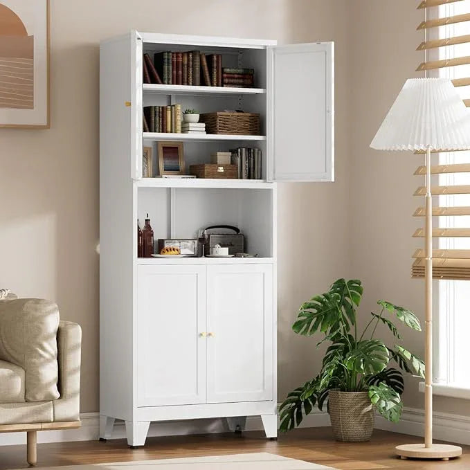 Metal Kitchen Pantry Cabinet, 69" Tall Storage Cabinet with 4 Doors and 3 Adjustable Shelves, Freestanding Cupboards for Dining Room, Living Room, Bathroom (White, 69" H) - ModernBath