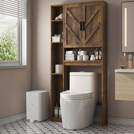Over The Toilet Storage Cabinet with 7 Storage Shelves, Above Toilet Bathroom Organizer with Toilet Paper Holder Stand, Behind Toilet Cabinet, Space Saver for Restroom, Bathroom, Laundry, Brown - ModernBath