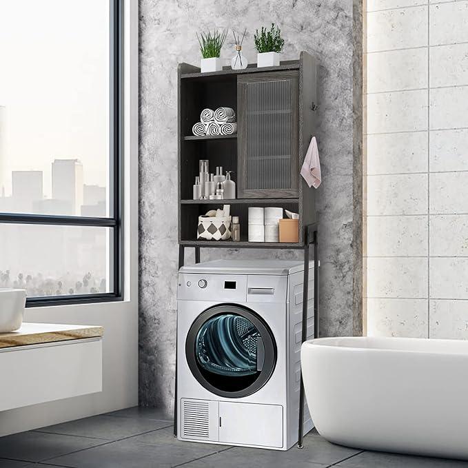 Over Toilet Storage Cabinet for Bathroom, Over Toilet Shelf Organizer, Freestanding Space Saver with Adjustable Shelves, Wide Open Shelf, Acrylic Sliding Door, Metal Frame, Vintage Grey - ModernBath