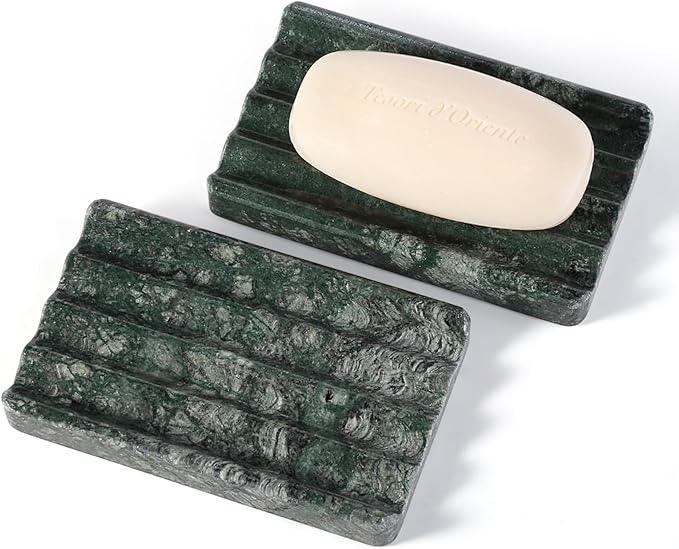 2PCS Koville Indian Natural Green Marble Soap Dish for Shower, Stone Soap Tray for Bathroom, Marble Bar Soap Holder for Sink, Stripe Grooves Soap Saver Sponge Holder - ModernBath